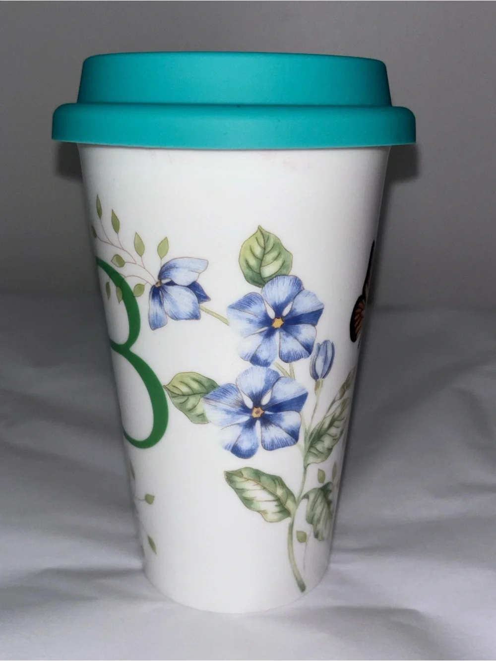 Lenox Butterfly Meadow monogram B ceramic travel tumbler mug w/ lid 12 oz EUC